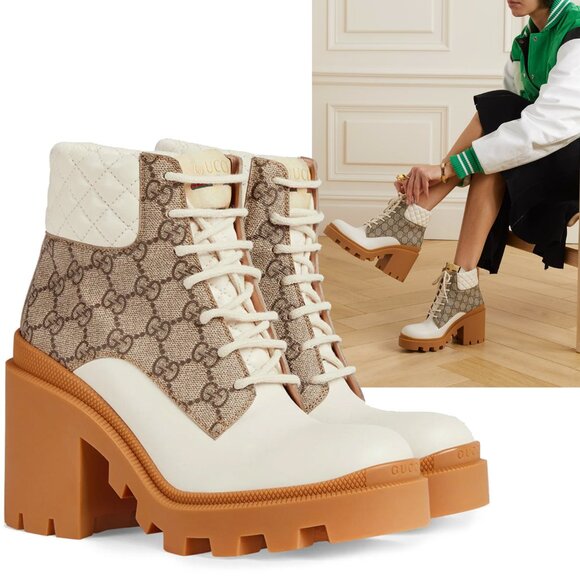 GUCCI BOOTS GG LOGO PLATFORM BLOCK HEEL ANKLE BOOTIES QUILTED - Picture 3 of 16